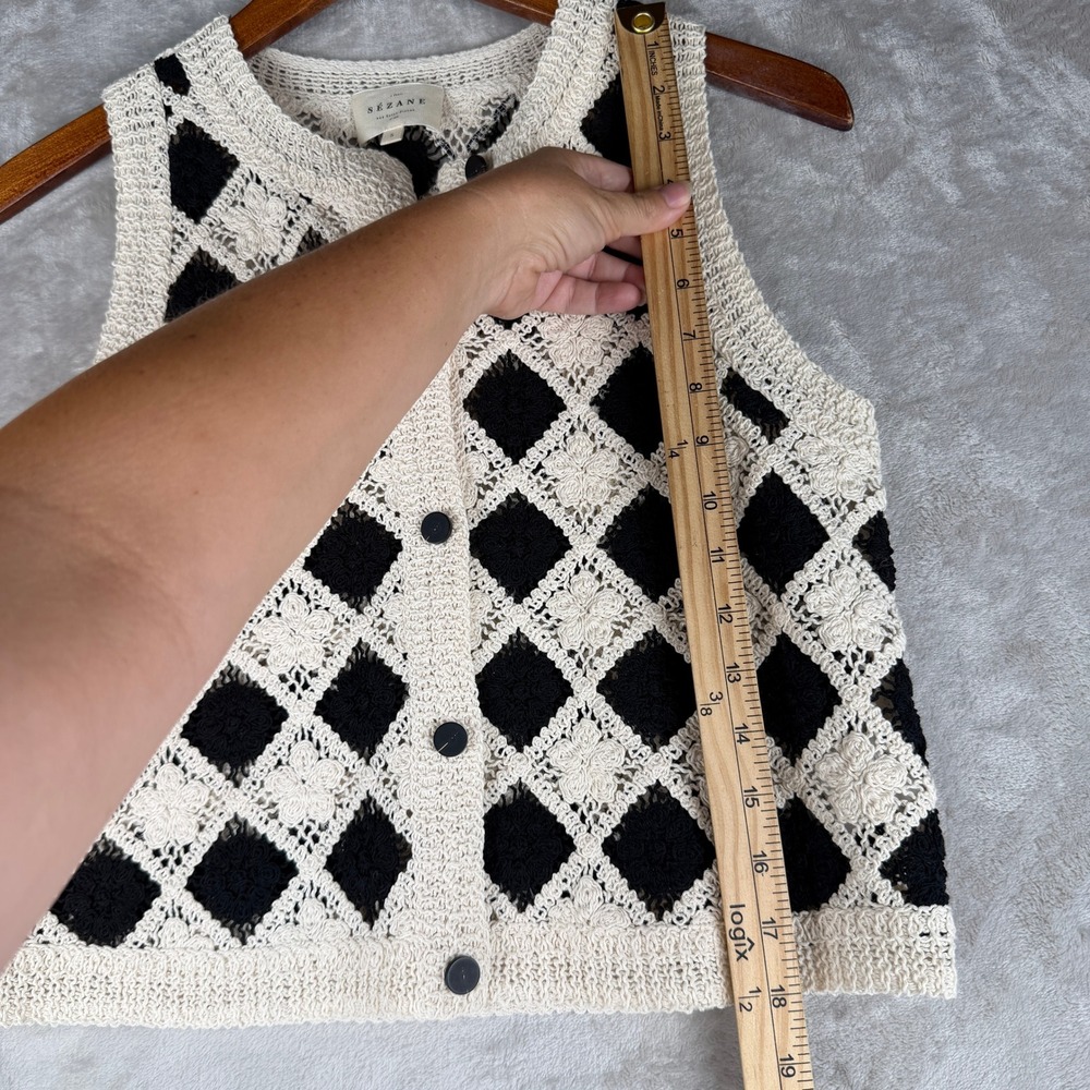 Sezane RON Black Cream Diamond Crochet Cotton Button Front Vest S S241TOP086M - Picture 7 of 7